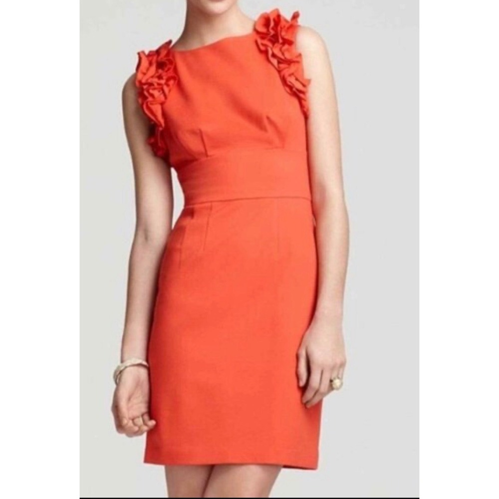 Trina Turk Style 121231 Coral Red Silk Ruffle Sheath Dress Size 2/S